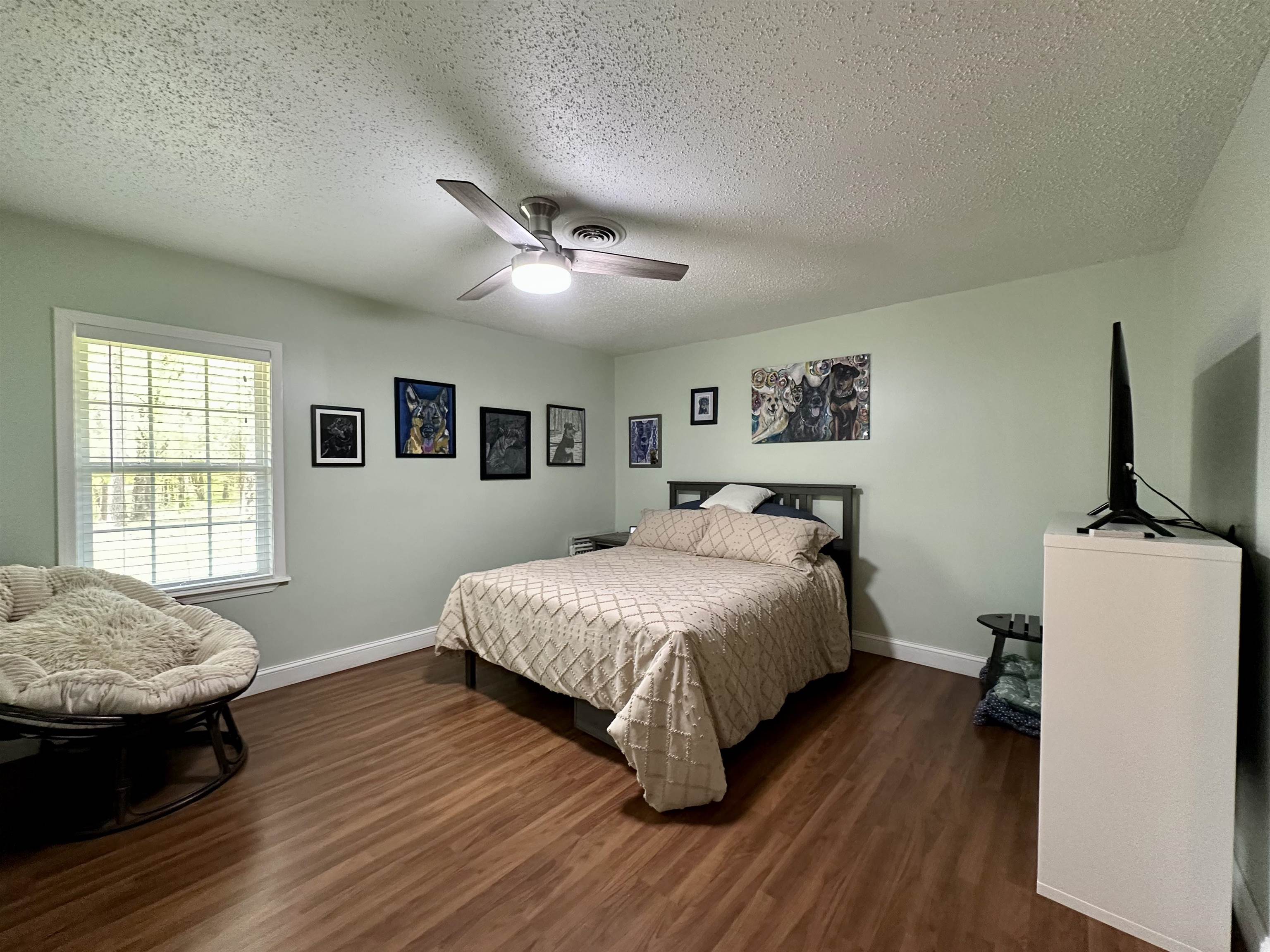 1230 Joann Road Somerville, TN 38068 - Photo 14 of 28 Bedroom with a textured ceiling, dark wood-style flooring, and a ceiling fan