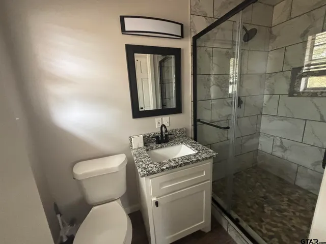 a bathroom with a granite countertop sink toilet and shower