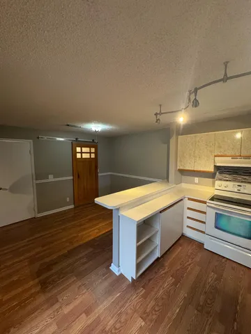 a kitchen with wooden floor and stainless steel appliances