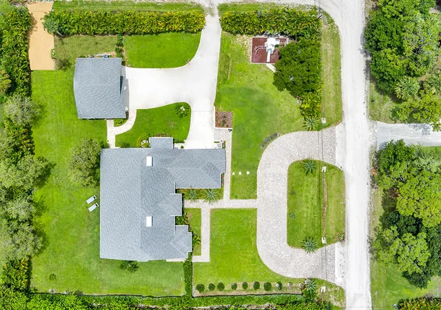 an aerial view of a swimming pool