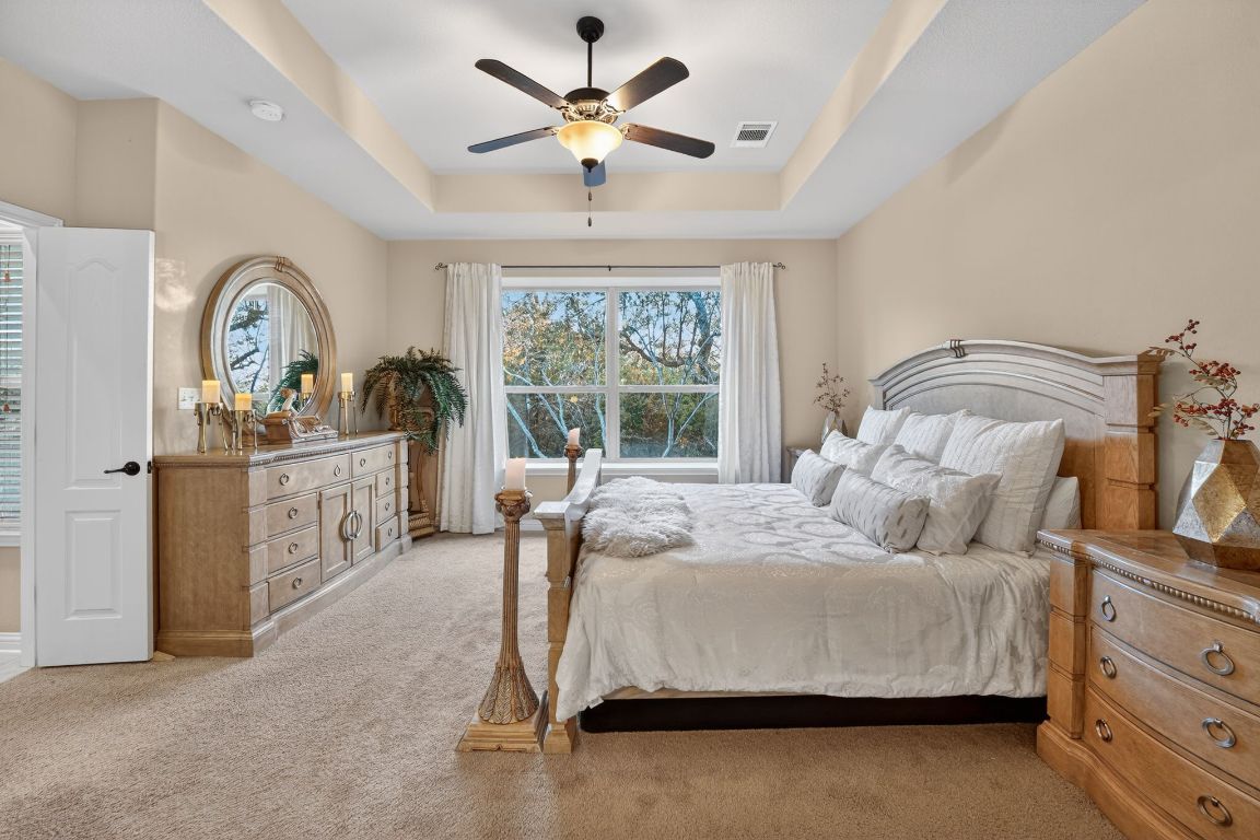 4521 Pyrenees Pass Bee Cave, TX 78738 - Photo 12 of 22 a bedroom with a bed a large window and potted plants on the dresser