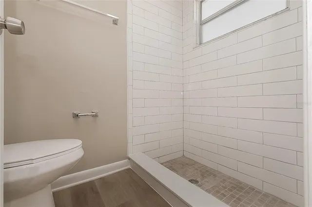 a bathroom with a shower and toilet