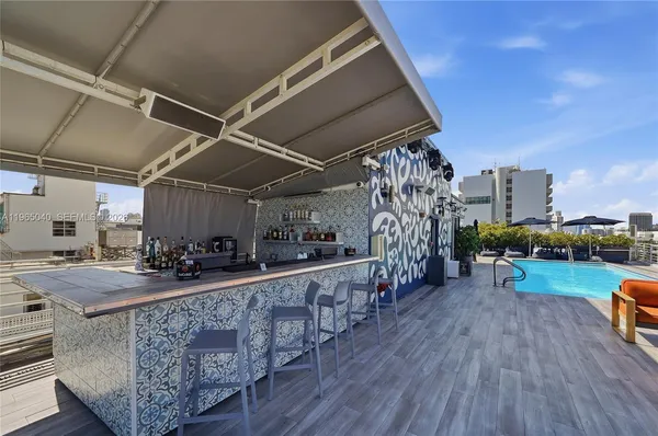 an outdoor view with a seating space