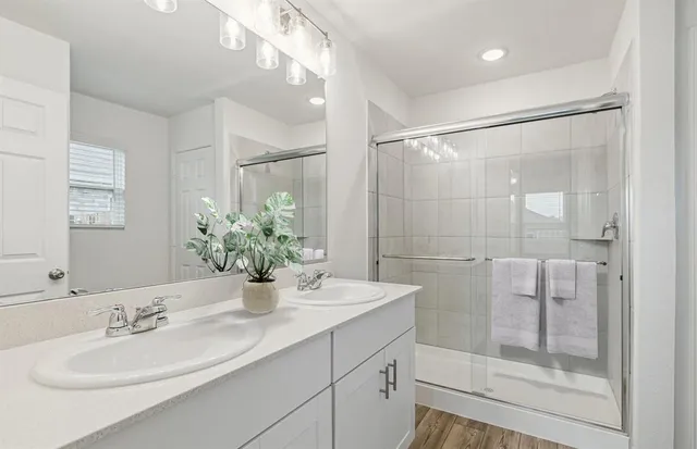 a bathroom with a shower sink vanity and mirror