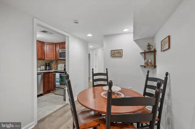 a view of a dining room with furniture