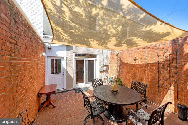 a backyard of a house with table and chairs