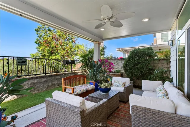 a outdoor living space with furniture and garden view