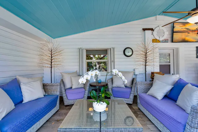 a view of a yard with plants and trees