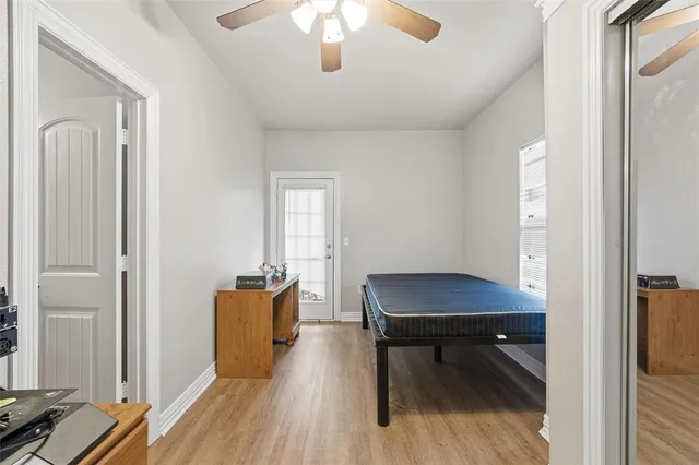 a workspace with furniture and wooden floor