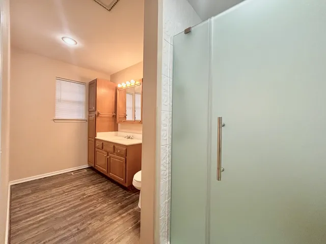 a bathroom with a sink mirror and a shower
