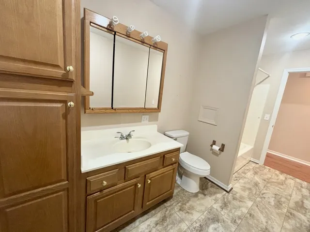 a bathroom with a sink a toilet and a mirror