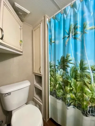a white toilet sitting next to a shower curtain