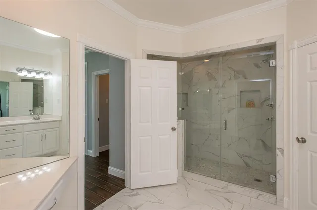 a bathroom with a shower and a sink