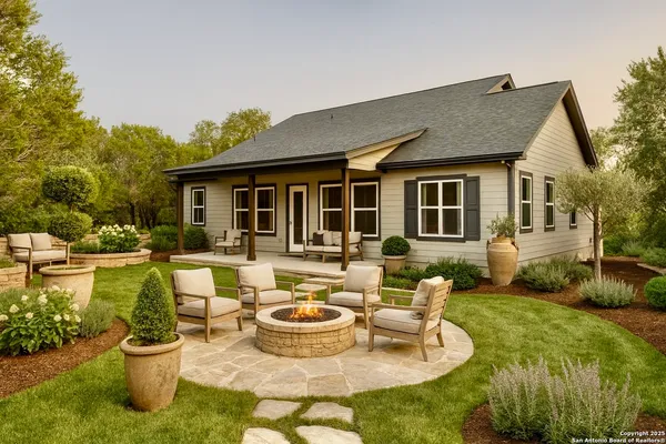 a view of a house with swimming pool and furniture