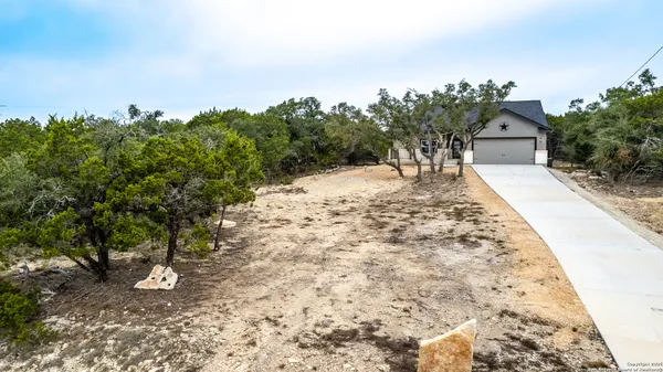 a view of a dry yard with trees