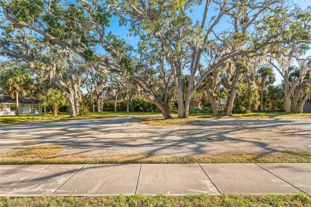 a view of a trees and basketball court