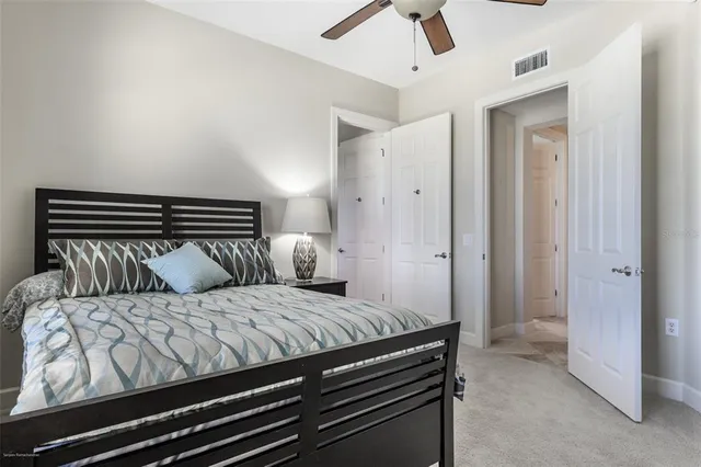 a view of a lake with a big yard and palm trees