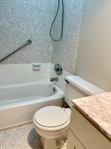 a bathroom with a granite countertop toilet and a bathtub