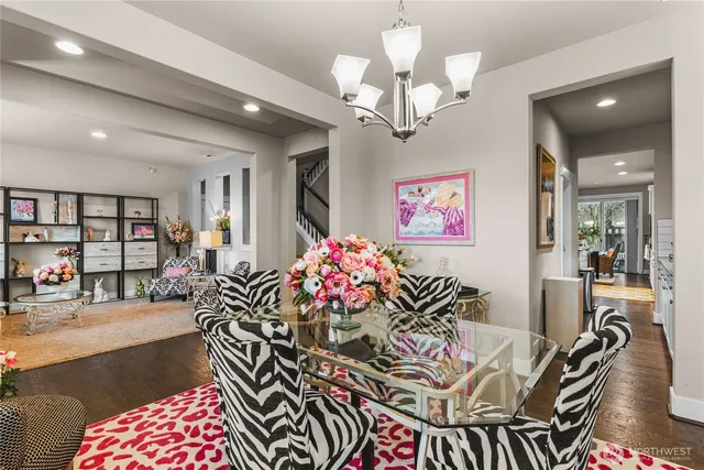 a view of a dining room with furniture
