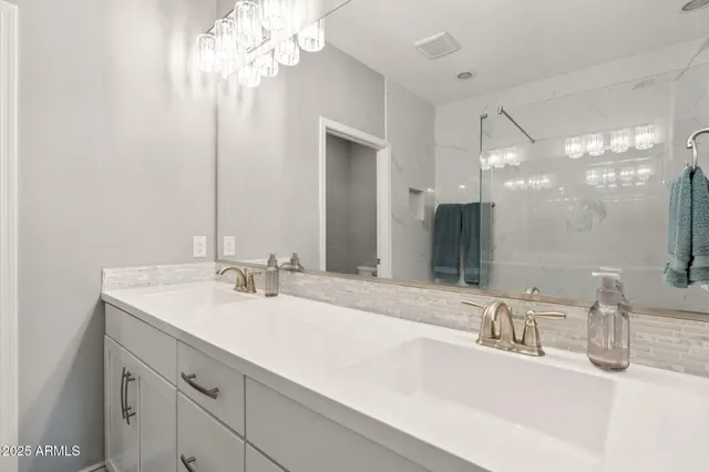 a bathroom with a shower and a sink
