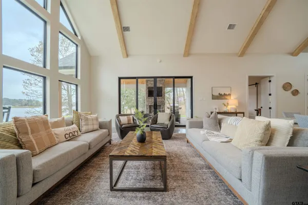 a living room with a large window