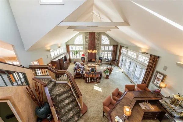 a view of a living room with a large window