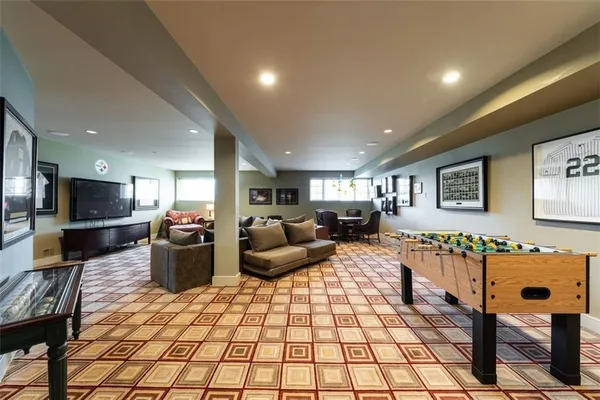 a living room with furniture and a table