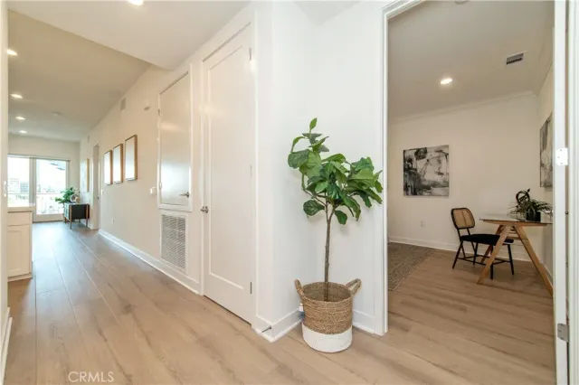a view of a hallway with wooden floor and potted plant