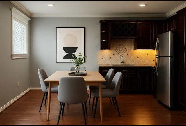 a dining room with furniture and window