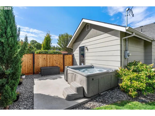 a view of backyard with barbeque grill and potted plants