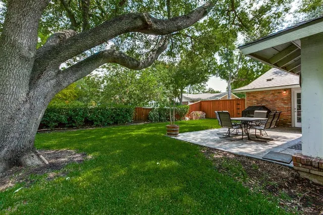 a view of a backyard with table and chairs potted plants and a large tree