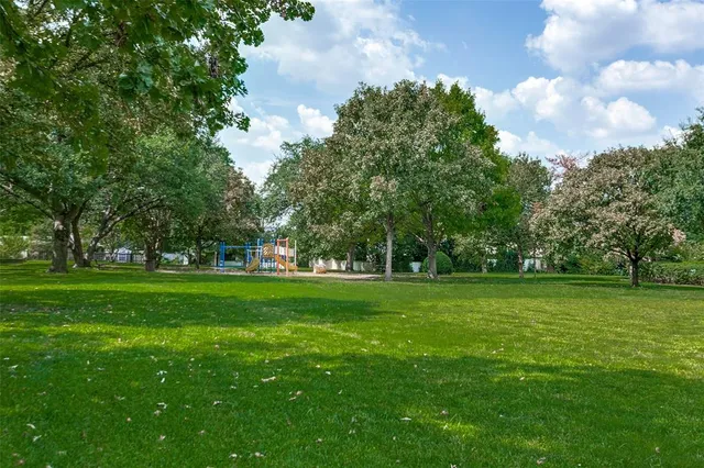 a view of a grassy field with trees