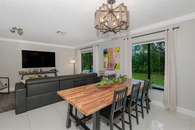 a view of a dining room with furniture window and outside view