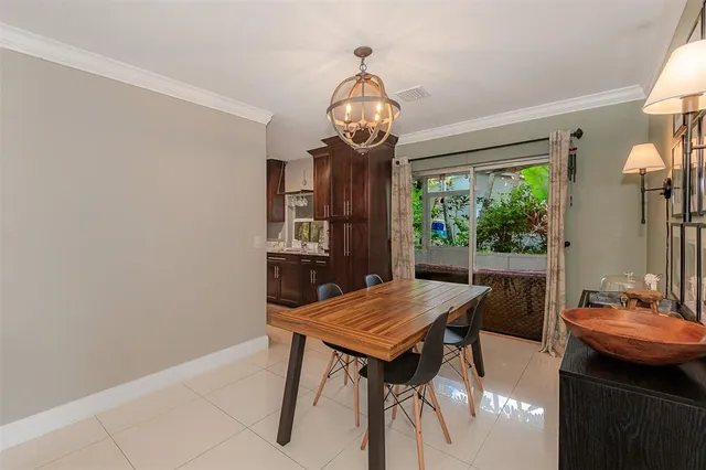a view of a dining room with furniture window and outside view