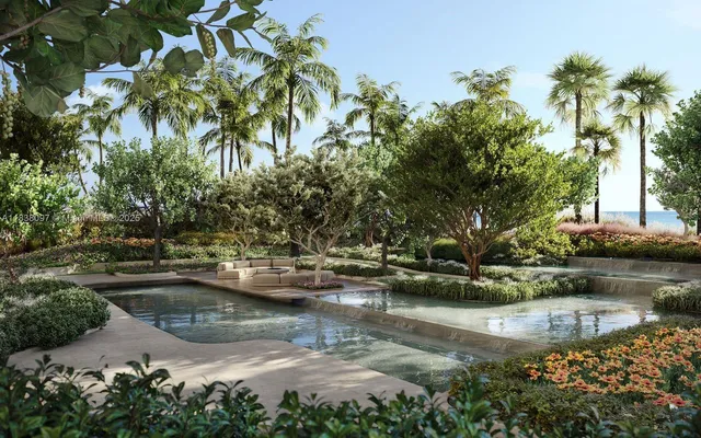 a view of swimming pool with a yard and large trees