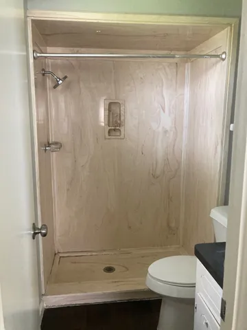 a bathroom with a shower and a toilet
