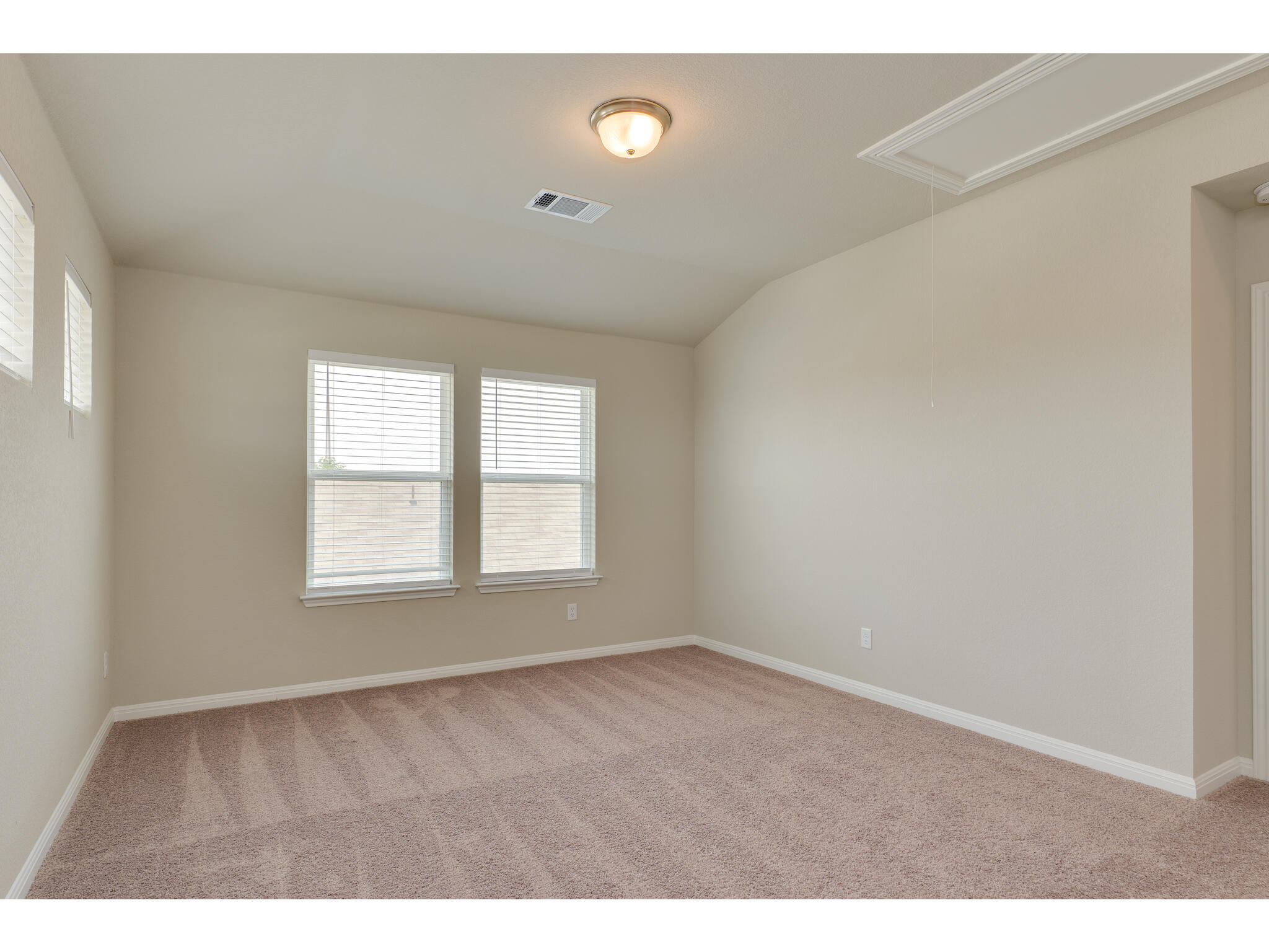 111 Grapefruit Road Hutto, TX 78634 - Photo 27 of 39 Empty room featuring attic access, carpet flooring, baseboards, and lofted ceiling