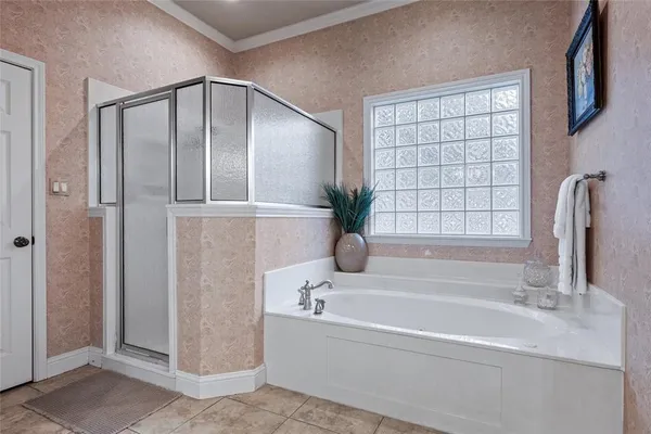a bathroom with a bathtub and a shower