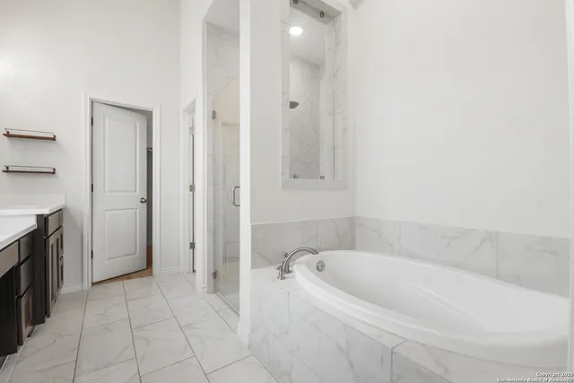 a bathroom with a bathtub and a shower