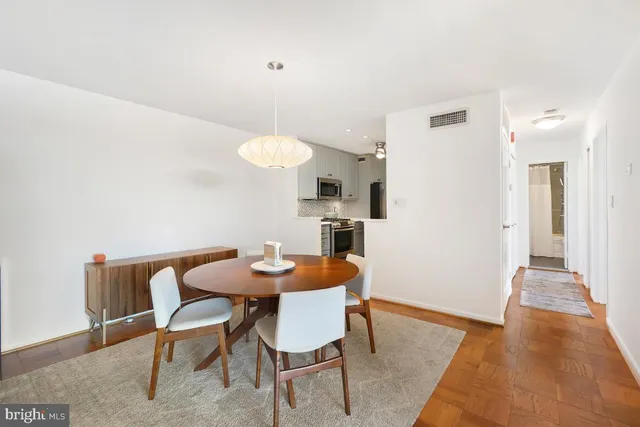 a view of a dining room with furniture