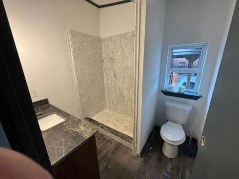 a bathroom with a granite countertop toilet and a sink