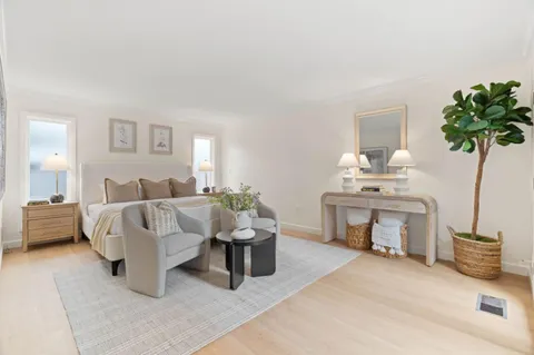 a living room with furniture a potted plant and a table