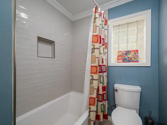 a bathroom with a toilet and a shower curtain