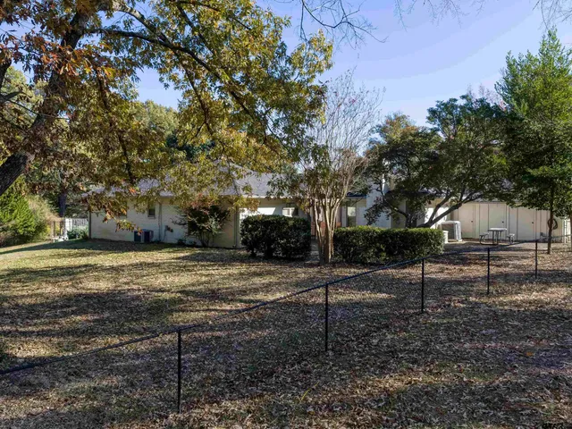 a view of a yard with large trees