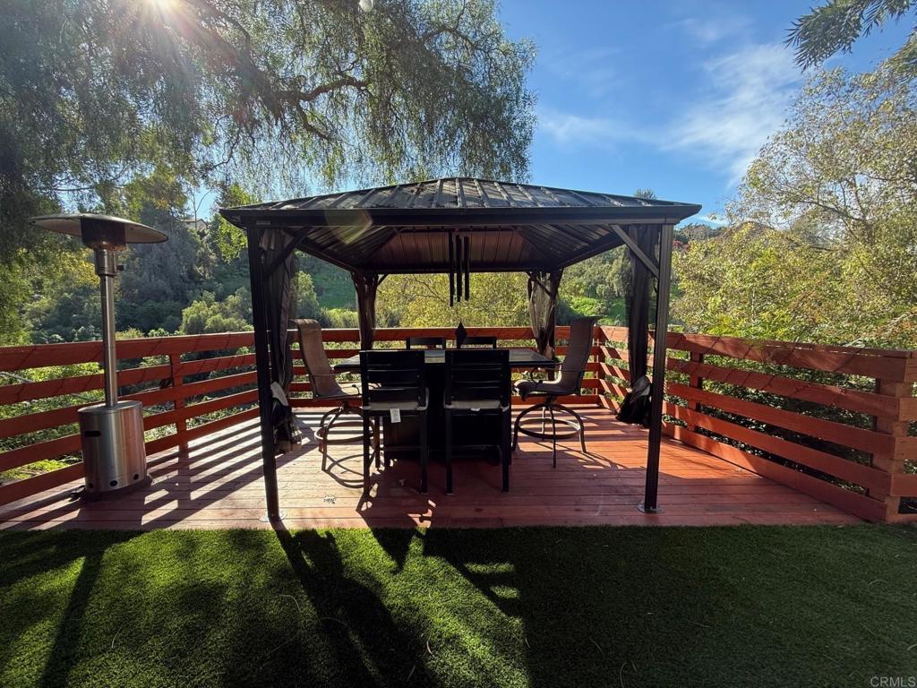 2277 Dunstan Street Oceanside, CA 92054 - Photo 23 of 36 a view of a patio with table and chairs under an umbrella with barbeque grill and a fire pit
