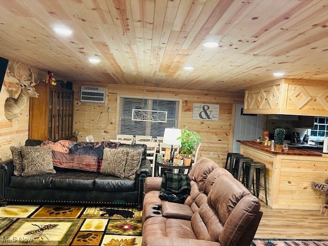 2445 McCord Hill Road Wellsburg, WV 26070 - Photo 19 of 37 Living room with wood ceiling, wooden walls, recessed lighting, and light wood-style floors
