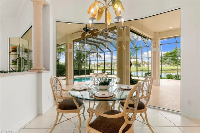 a view of a dining room with furniture window and outside view