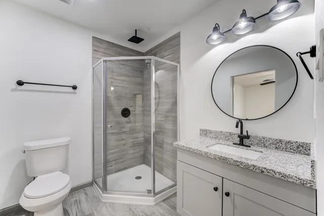 a bathroom with a sink a toilet and a mirror