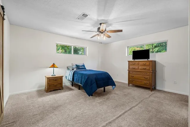 a bedroom with a bed a chandelier and a flat screen tv