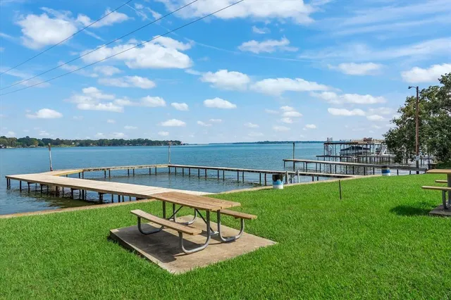 a view of a garden with lawn chairs